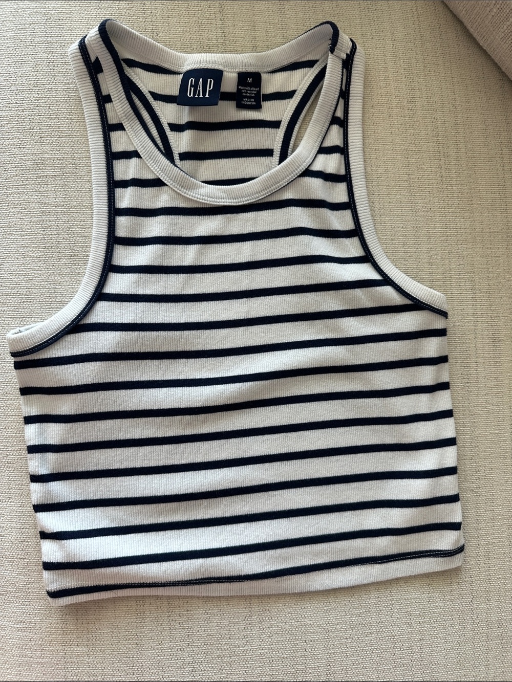 GAP Women's Navy and White Striped Ribbed Tank